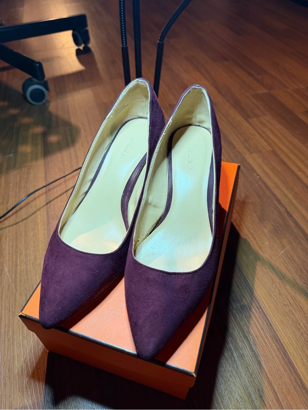 Pointed-Toe Suede Pumps in Deep Plum